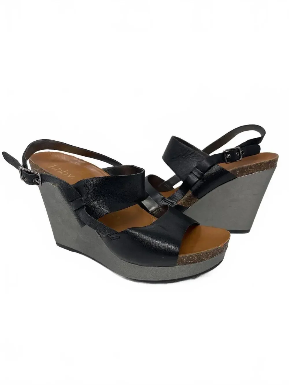 Libby Edelman Womens Size 7 Black Leather Wedge Sandal Ankle Strap Platform Heel